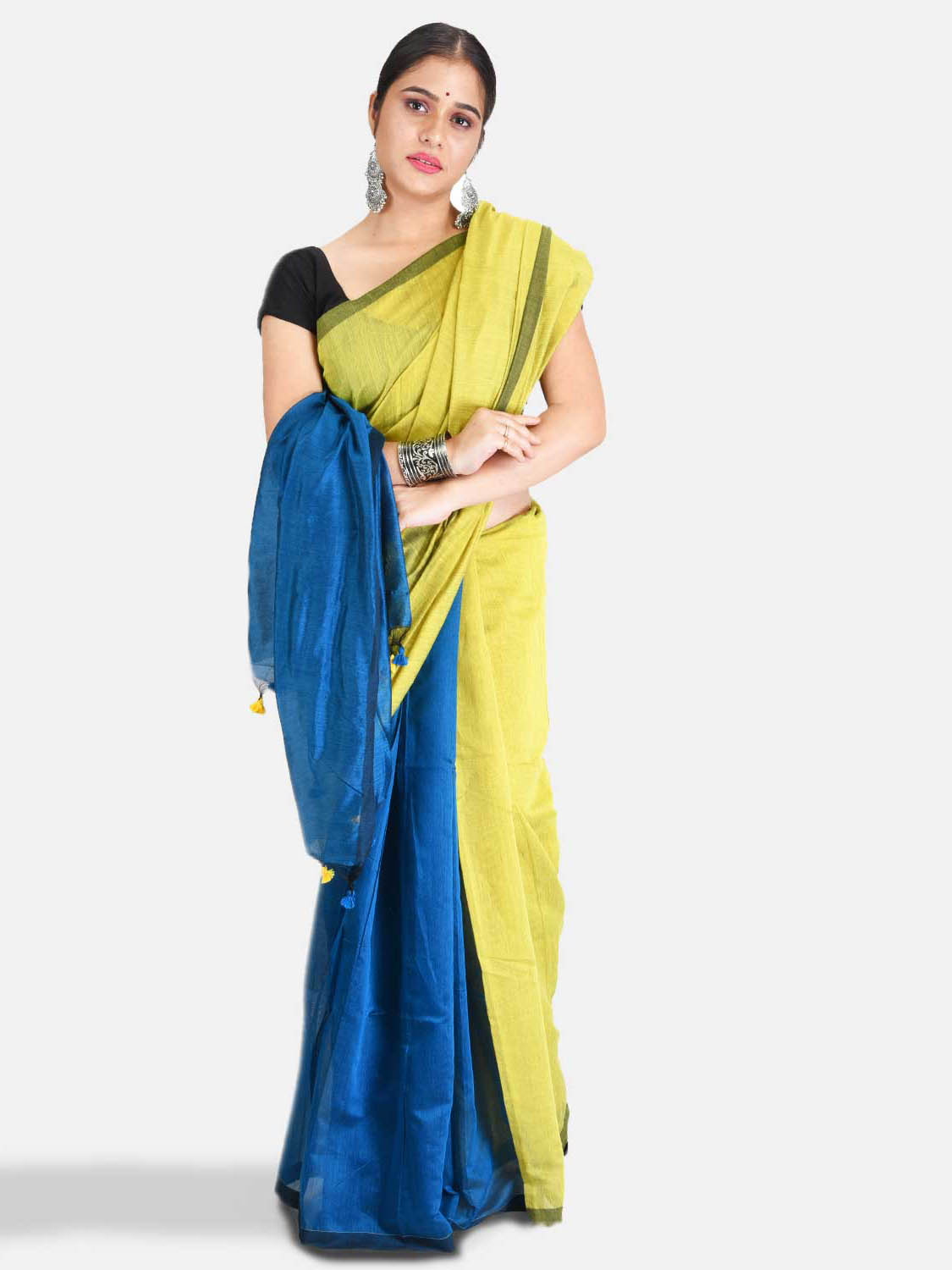 Women`s Cotton Silk and Bengal Soft Khadi Cotton Mix Ghicha Handloom Saree With Blouse Piece (Light Green Blue)